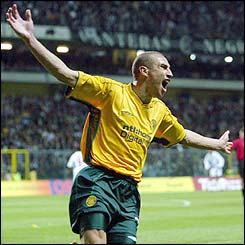 Celtic striker Henrik Larsson celebrates his side's winning goal