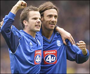 Goalscorers Stephen Clemence and Christophe Dugarry celebrate