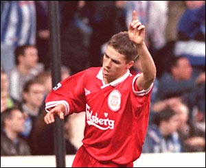 Michael Owen celebrates his first Premiership hat-trick against Sheffield Wednesday on 14 February 1998
