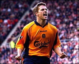 Michael Owen celebrates scoring against Sunderland on 13 April 2002