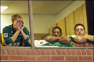South African all-rounder Shaun Pollock looks glum at the World Cup finals
