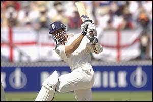 Michael Vaughan plays a sweep shot against Australia