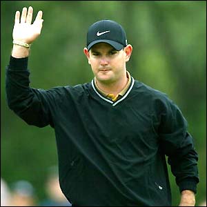 South African Rory Sabbatini salutes the crowd after an eagle at the first