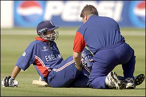 Michael Vaughan suffers a calf injury at the 2003 World Cup