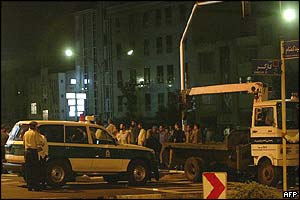 Riot police block a street leading to Tehran University 