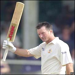 Steve Waugh salutes his century at Bridgetown