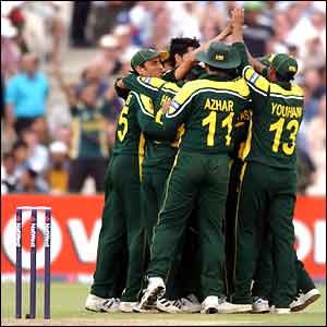 Pakistan's players celebrate another wicket against England