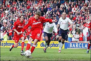 Juninho scores from the spot to add Boro's second only two minutes later