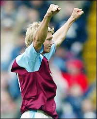 Marcus Allback celebrates his crucial goal