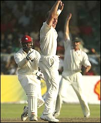 Andy Bichel appeals succesfully for Brian Lara's wicket