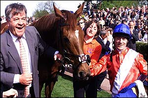 Sir Michael Stoute, Russian Rhythm and Kieren Fallon after winning the 2,000 Guineas