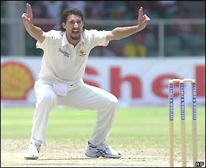Jason Gillespie of Australia appeals for an lbw decision against West Indies' Vasbert Drakes