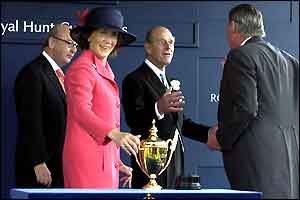 Prince Phillip presents the Royal Hunt Cup to Lord and Lady Vesty