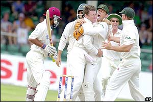 Australia celebrate another West Indies wicket taken by Stuart MacGill