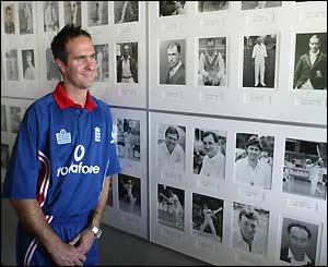 Michael Vaughan stands by the captain's gallery at Lord's
