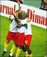 Cameroon's Samuel Eto'o celebrates his match-winning goal