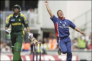 Darren Gough celebrates his second wicket of the day as Younis Khan goes for a golden duck 