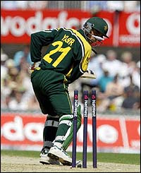 Yasir Hameed drags the ball onto his stumps for 28