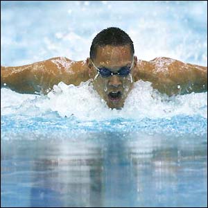 Geoff Huegill of Australia in action in the men's 100m butterfly during the 2003 Telstra Swimming Grand Prix at the Sydney Aquatic Centre 