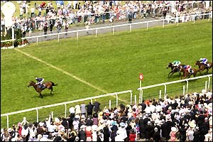 Frankie Dettori wins the first race of the day at Ascot on Hold To Ransom