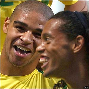 Brazil's Adriano celebrates his goal against the USA