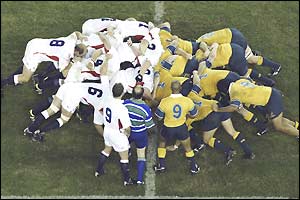 The England and Australia scrums come together in Melbourne