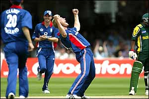 Andrew Flintoff celebrates after claiming Yasir's wicket