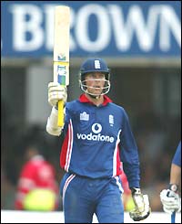 Marcus Trescothick salutes the crowd after reaching his fifty