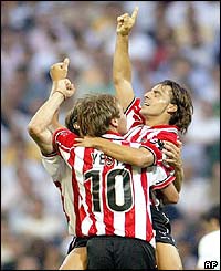 Athletic Bilbao's Yeste and Vitor Alkiza celebrate after scoring their first goal 
