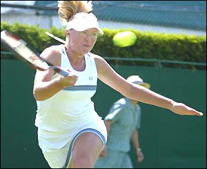Elena Baltacha plays a forehand on the run