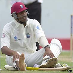 Dillon is struck on the foot by a ball from Lee