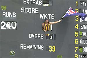 An Aussie fan celebrates the end of the Windies innings