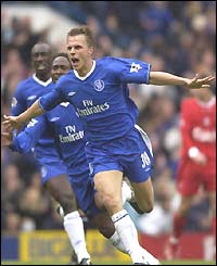 Jesper Gronkjaer celebrates putting Chelsea 2-1 up against Liverpool 