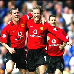 England skipper David Beckham sends a stunning free kick into the top corner to dent Everton's European dreams 