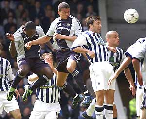 Jermaine Jenas heads Newcastle into the lead two minutes before the break 