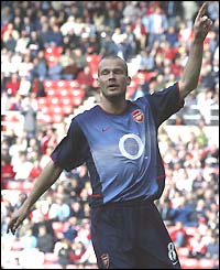 Freddie Ljungberg celebrates scoring for Arsenal in their 4-0 win