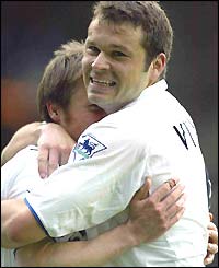 Nick Barmby is congratulated on scoring by Mark Viduka