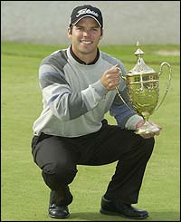 Paul Casey lifts the B&H trophy after his success at The Belfry