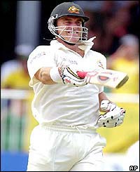 Matthew Hayden celebrates reaching his hundred