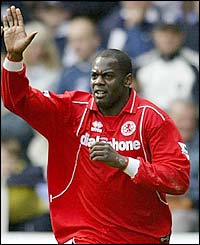 Middlesbrough striker Michael Ricketts celebrates scoring against his old side 