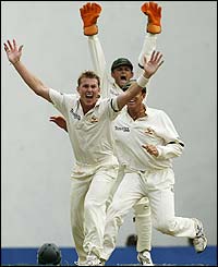 Australia's Brett Lee appeals for the wicket of Ridley Jacobs