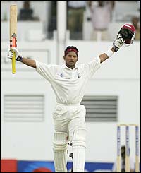 Ramnaresh Sarwan celebrates his century for the West Indies