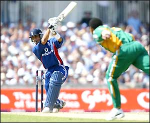Vikram Solanki drives at a ball from Makhaya Ntini