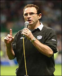 Martin O'Neill talks to the fans following the game 