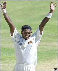 Sri Lanka's fast bowler Prabath Nissanka celebrates a wicket