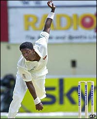 Sri Lanka's fast bowler Prabath Nissanka bowls a delivery
