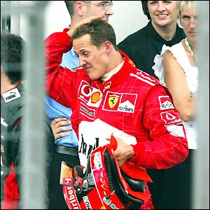 Michael Schumacher looks baffled after finishing fifth in the European Grand Prix