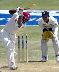 Brian Lara plays a shot during his innings of 80
