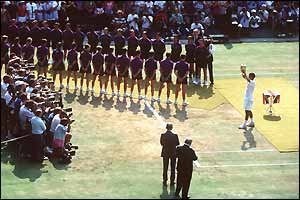 Pete Sampras holds aloft the Wimbledon trophy amid all the pomp and ceremony at SW19 