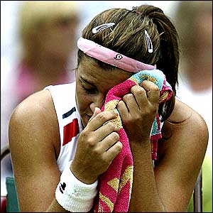 A dejected Jennifer Capriati after she crashes out at Wimbledon 